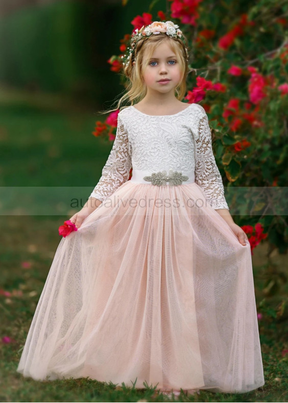 Ivory Lace Blush Pink Tulle V Back Wedding Flower Girl Dress